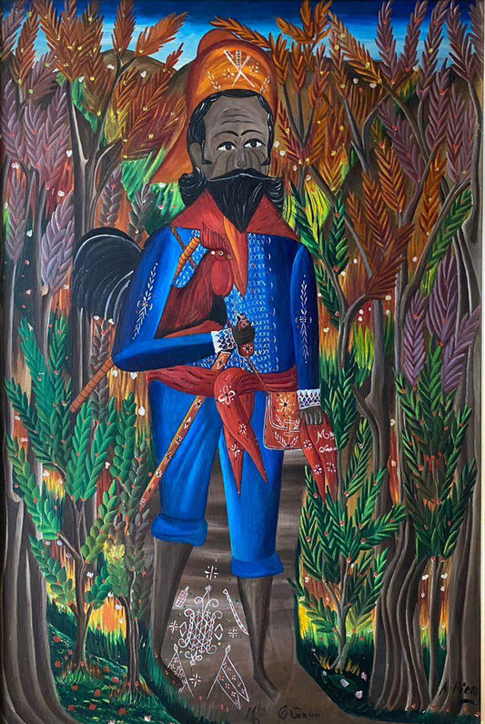 Andre Pierre Haitian Vodou painting of Met Ogou warrior spirit with sword and ritual veve standing in forest landscape.