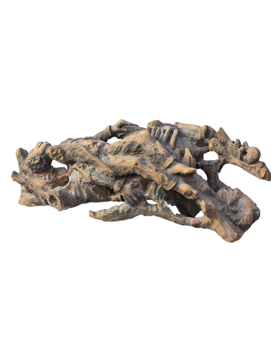 André Eugène carved wood sculpture "Zanset Bwa" depicting intertwined skeletal ancestral figures, Haitian wood carving