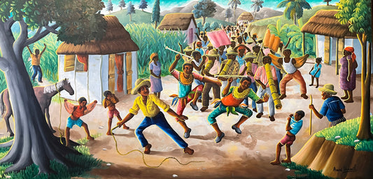 Andre Normil (Haitian, 1934-2014) 17.75" x 35.50" Street Rara Scene "60's-70's  Oil on Board Painting #1KG