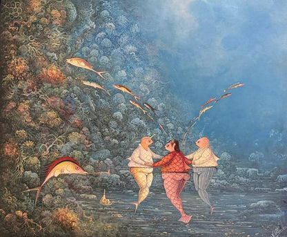 The Ocean Dance, original oil on canvas by Haitian artist André Blaise, 20 x 24 inches, unframed, from a private Miami collection.