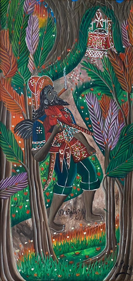 André Pierre Ogou Badagry oil on canvas depicting a Haitian Vodou warrior spirit in a lush tropical forest with vibrant ceremonial details