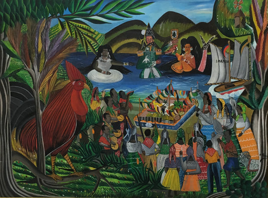 André Pierre (Haïtien, 1914-2005) 36"x48" Imanou &amp; Coq 1970 Huile sur carton Peinture-Fondation Marie &amp; Georges S. Nader #15-3-96GSN