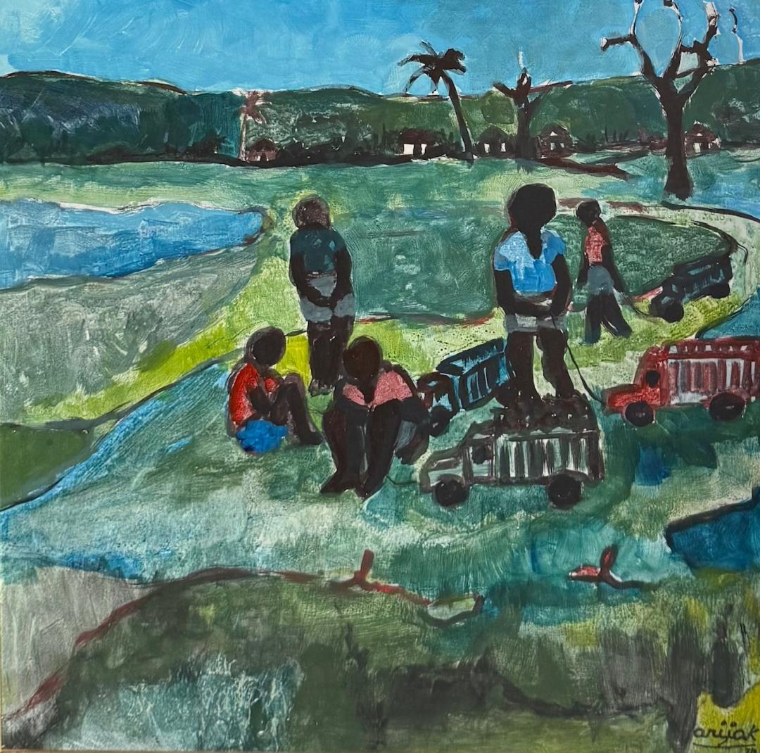 Harry Jacques (Arijak) 24"x30" Paysage au bord de la rivière 1970 Encaustique sur toile #3295MFN