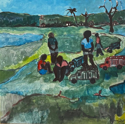 Harry Jacques (Arijak) 24"x30" Paysage au bord de la rivière 1970 Encaustique sur toile #3295MFN