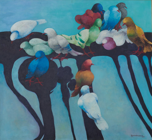Gesner Armand (1936-2008) 32"x34" Pigeons sur un arbre 1980 Huile sur toile Peinture-Fondation Marie &amp; Georges S. Nader #XGSN