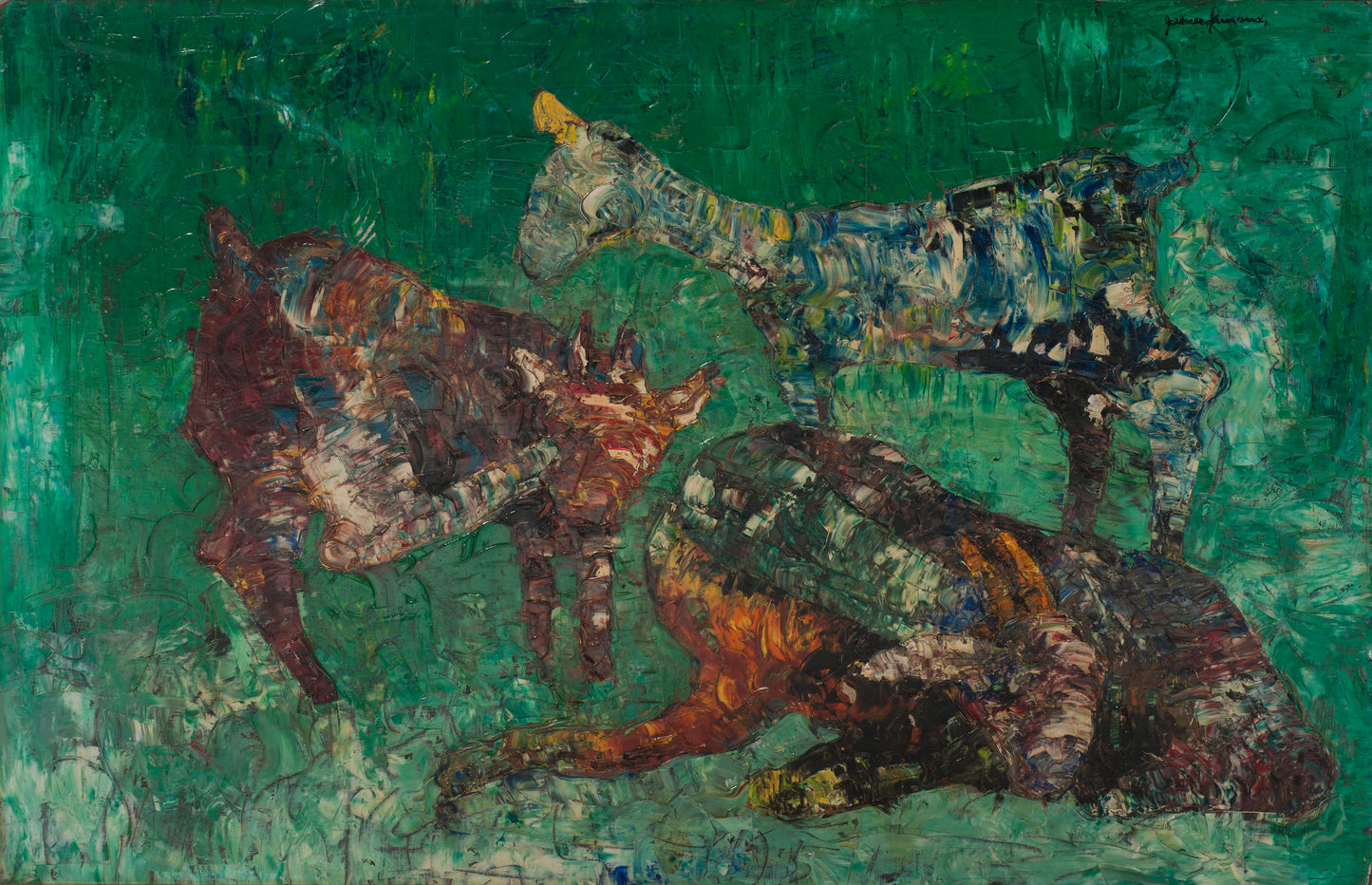 Gesner Armand (1936-2008) 39 ¾"  x 29 ¾" Goats Fight 1977 Oil on Board Painting #24-3-96GSN-Fondation Marie & Georges S. Nader