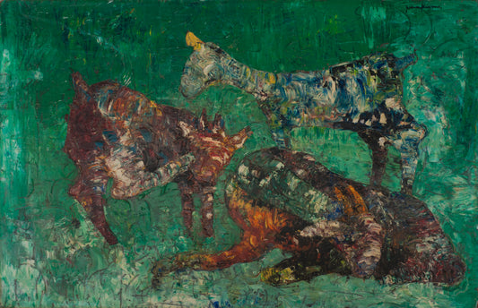 Gesner Armand (1936-2008) 39 ¾" x 29 ¾" Combat de chèvres 1977 Huile sur carton Peinture-Fondation Marie &amp; Georges S. Nader #24-3-96GSN