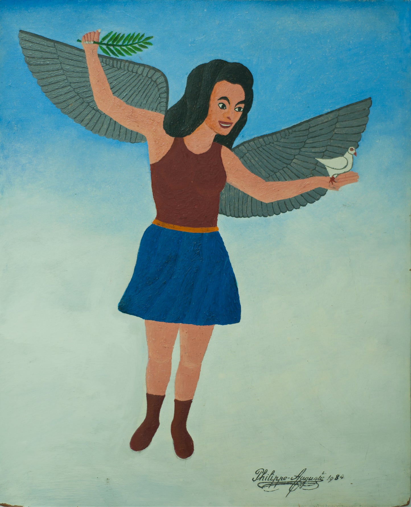 Salnave Philippe Auguste (1908-1989) 21,50"x17,25" Femme volante Ange 1984 Huile sur carton Peinture #4-3-96GSN-Fondation Marie &amp; Georges S. Nader