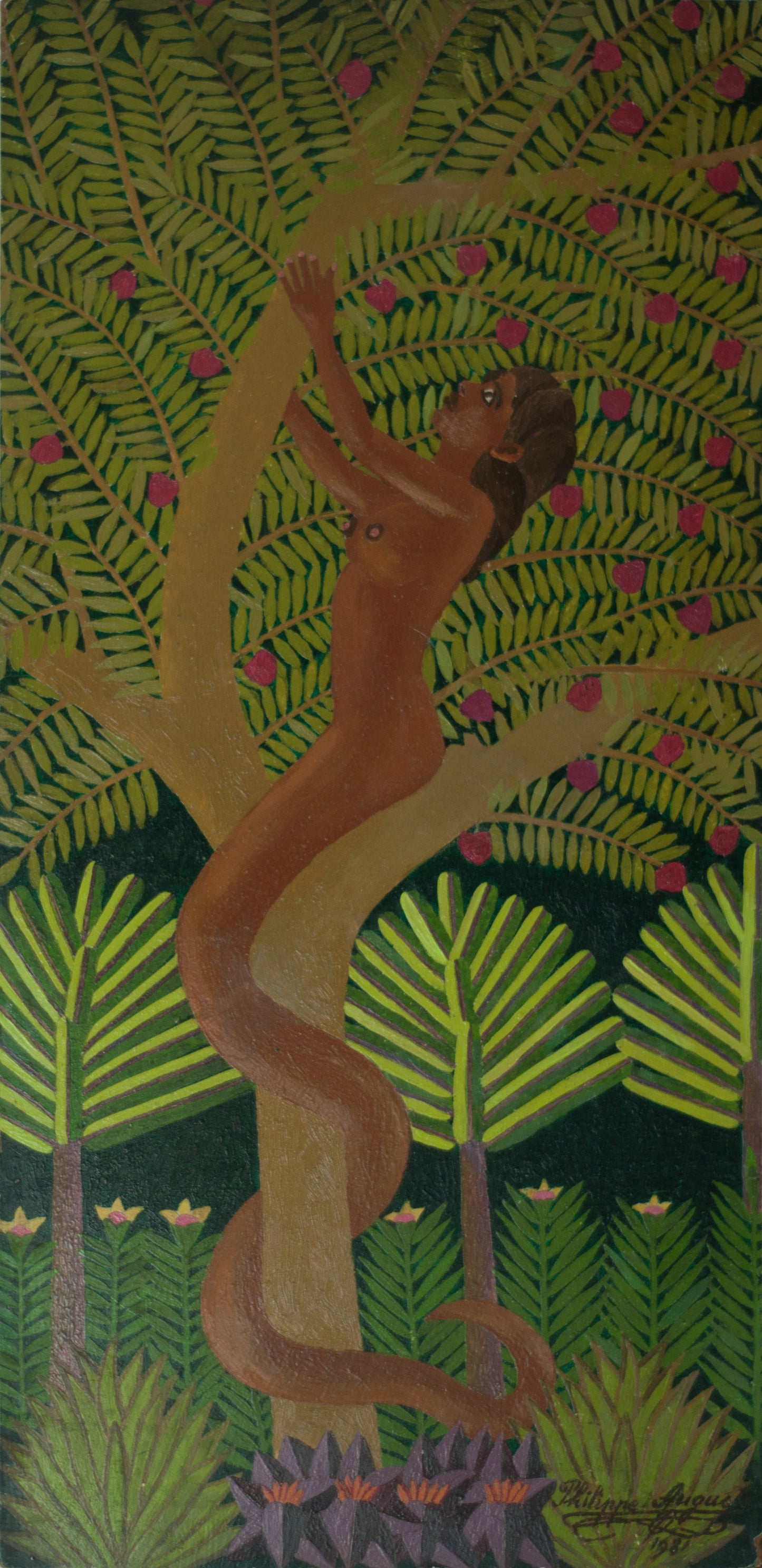 Salnave Philippe Auguste (1908-1989) 23,75"x 11,50" Eve Serpent 1981 Huile sur carton Peinture #12-3-96GSN-Fondation Marie &amp; Georges S. Nader