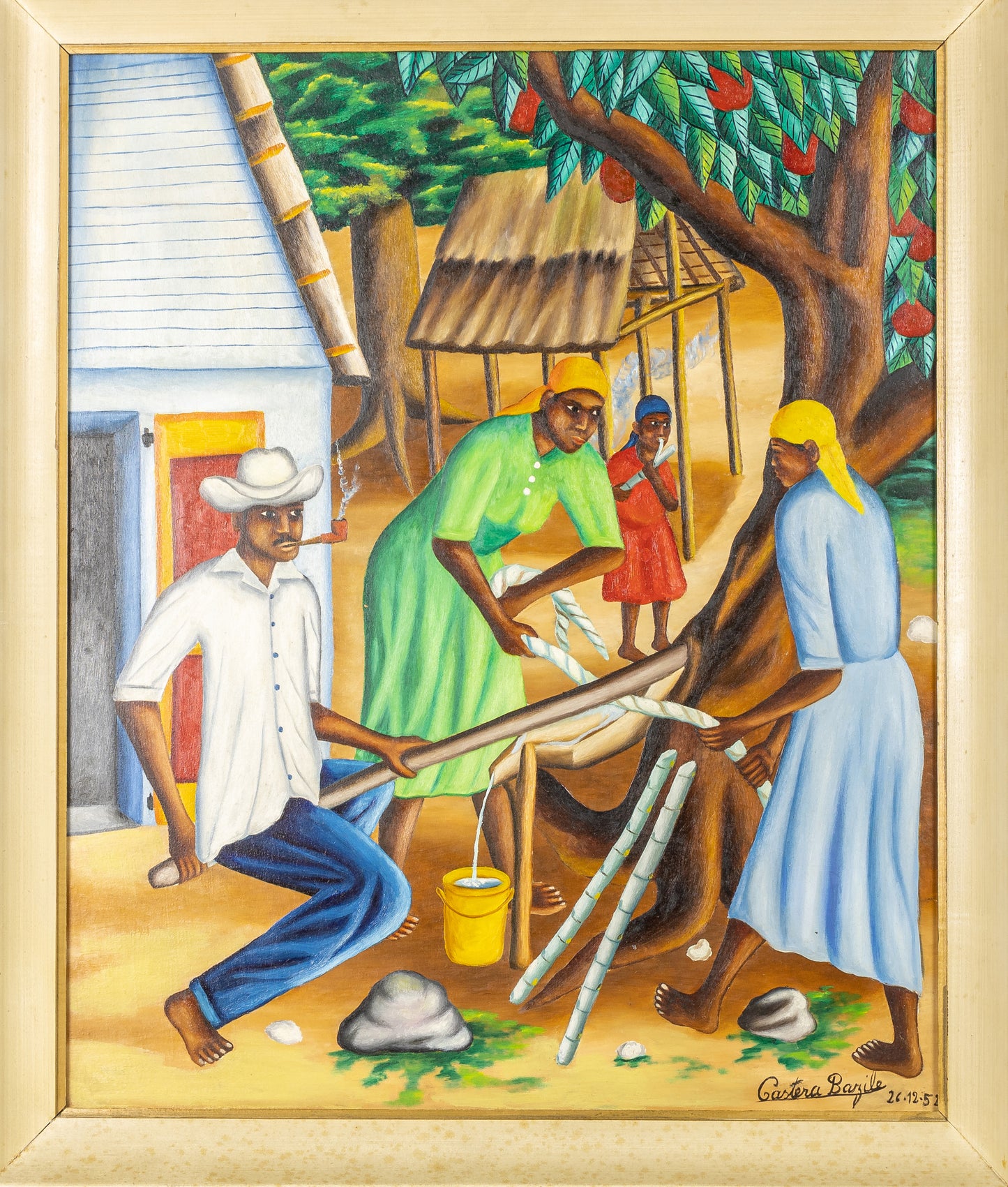 Castera Bazile (1923-1966) 23.50" x 18.50" Extracting Sugarcane Juice 1952 Oil on Masonite Framed Painting #7SS