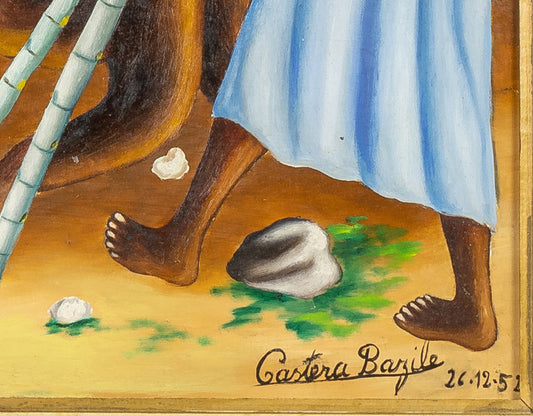Castera Bazile (1923-1966) 23.50" x 18.50" Extracting Sugar Cane Juice 1952 Oil on Masonite Framed Painting #7SS