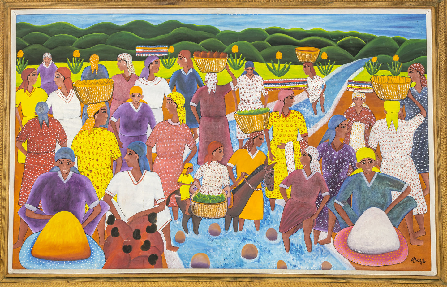Alberoi Bazile (1920-2005) 30"x47.25" Market Scene by the River c1980 Oil on Masonite Framed Painting #18SS