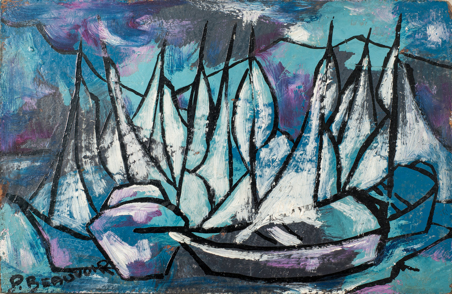 Paul Beauvoir (1932-1972) 4"x6" Blue Boats Collector's Item c1970 Oil on Board Painting #7-1-93GSN-Fondation Marie & Georges S. Nader