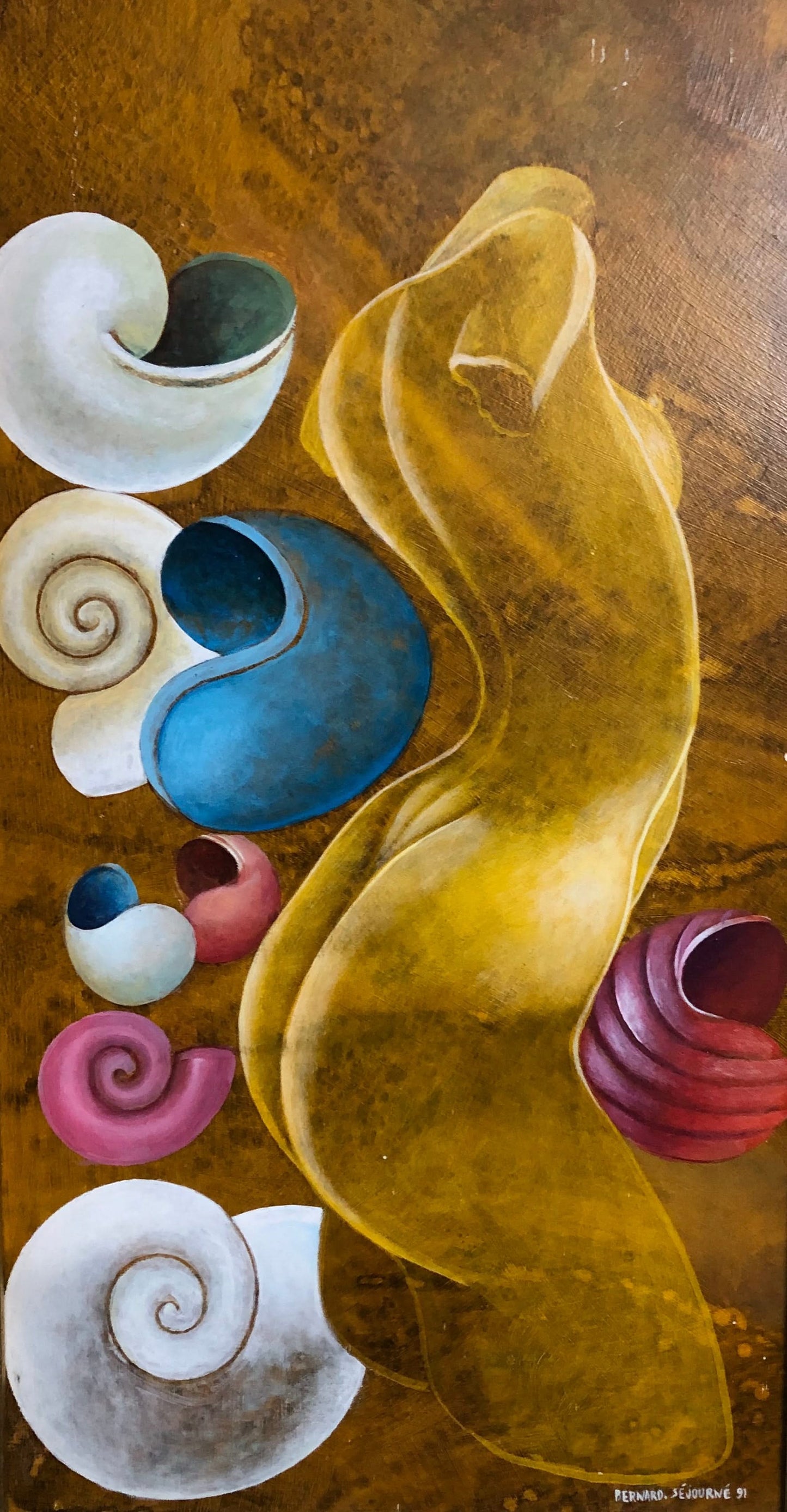 Bernard Séjourné 1991 abstract nude painting with spiral shell forms in blue, white and pink on warm ochre background, Haitian modern art.