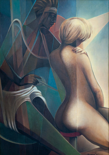 Bernard Wah Haitian figurative painting with nude female and stylized male figure in geometric interior, oil on canvas 36 × 24 inches.