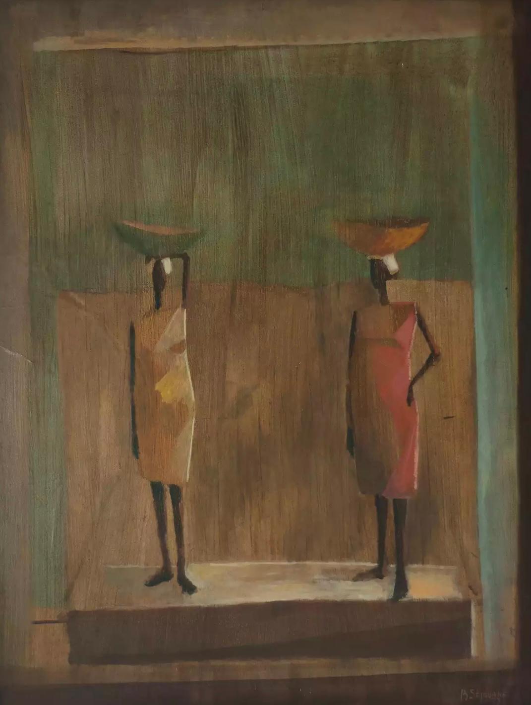 Bernard Sejourne (1947-1994) 40"x30" Two Female Sellers in Red 1973 Acrylic on Masonite Unframed Painting #1-3-96GSN-Collection of Marie & Georges S. Nader