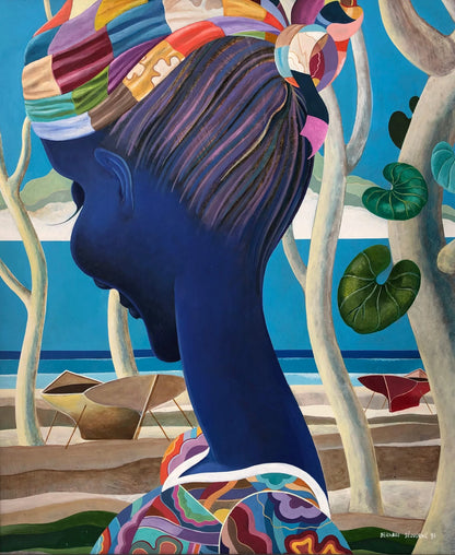 Bernard Séjourné 1993 blue profile portrait with colorful headwrap and coastal tropical background, 24x21 acrylic on board, Haitian contemporary art.