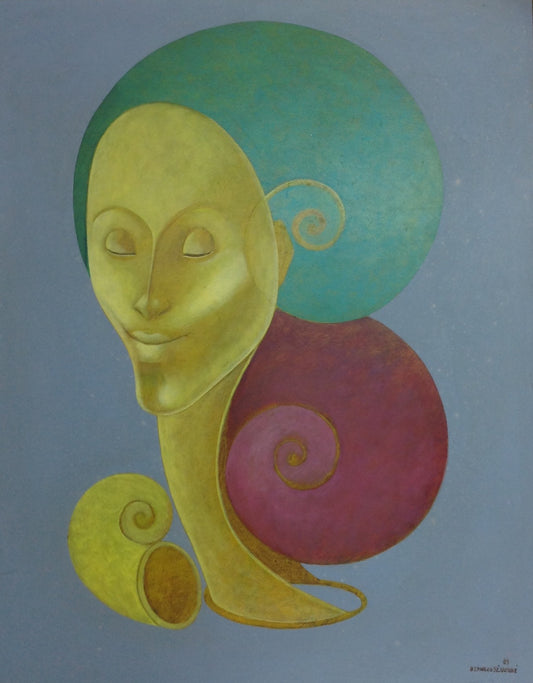 Bernard Séjourné Yellow Face Haitian abstract painting of stylized figure with spirals and geometric forms, oil on board 30 x 24 inches, 1989