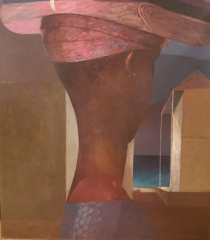 Bernard Séjourné 1978 Haitian modern painting of a fabric seller with basket. Acrylic on masonite, 36x32. From private CT collection. Price reduced. COA included. art piece with geometric shapes and warm tones