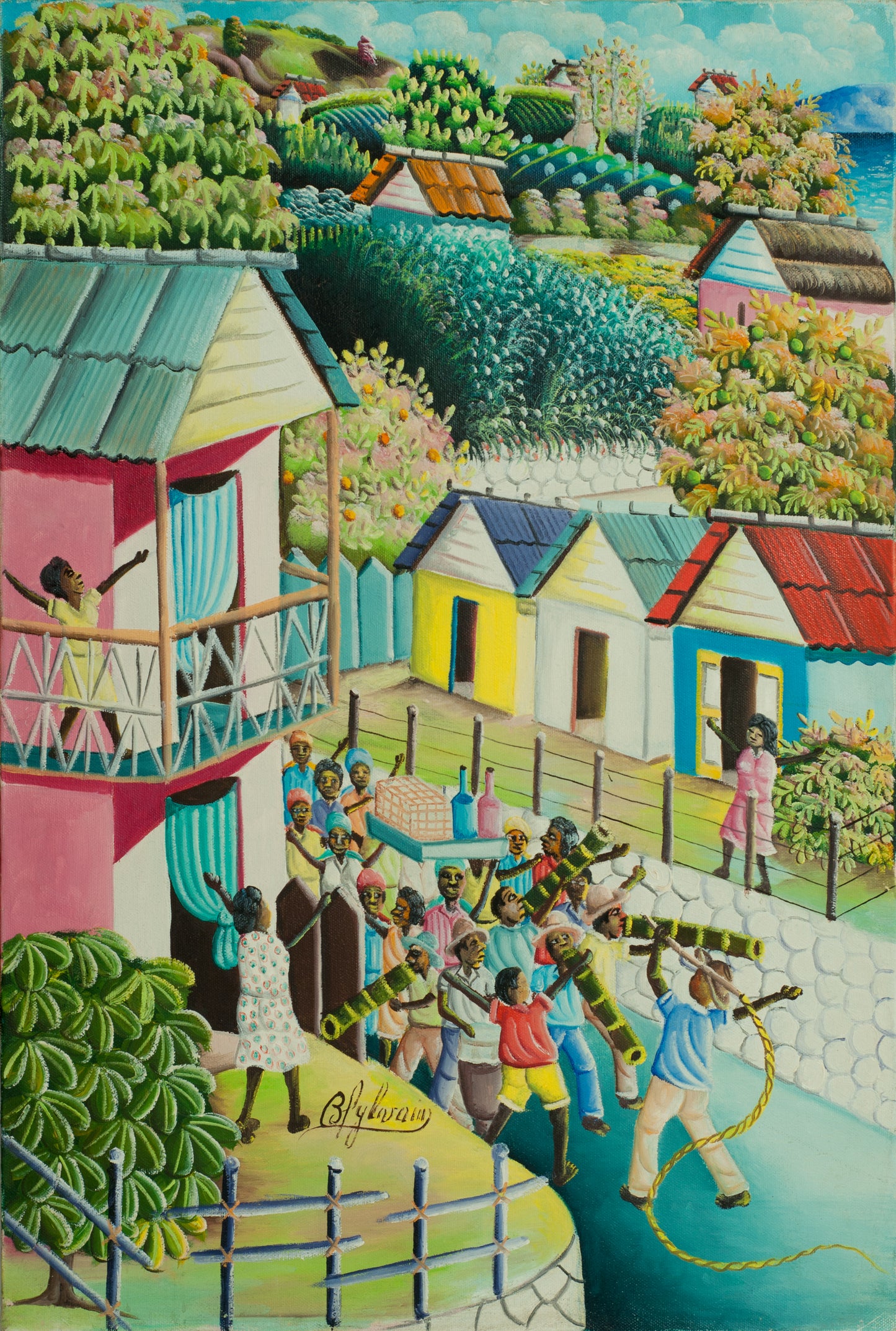Bien-Aime Sylvain 24"x16" Le Village 1983 Huile sur toile Peinture #4-3-96GSN-Fondation Marie &amp; Georges S. Nader