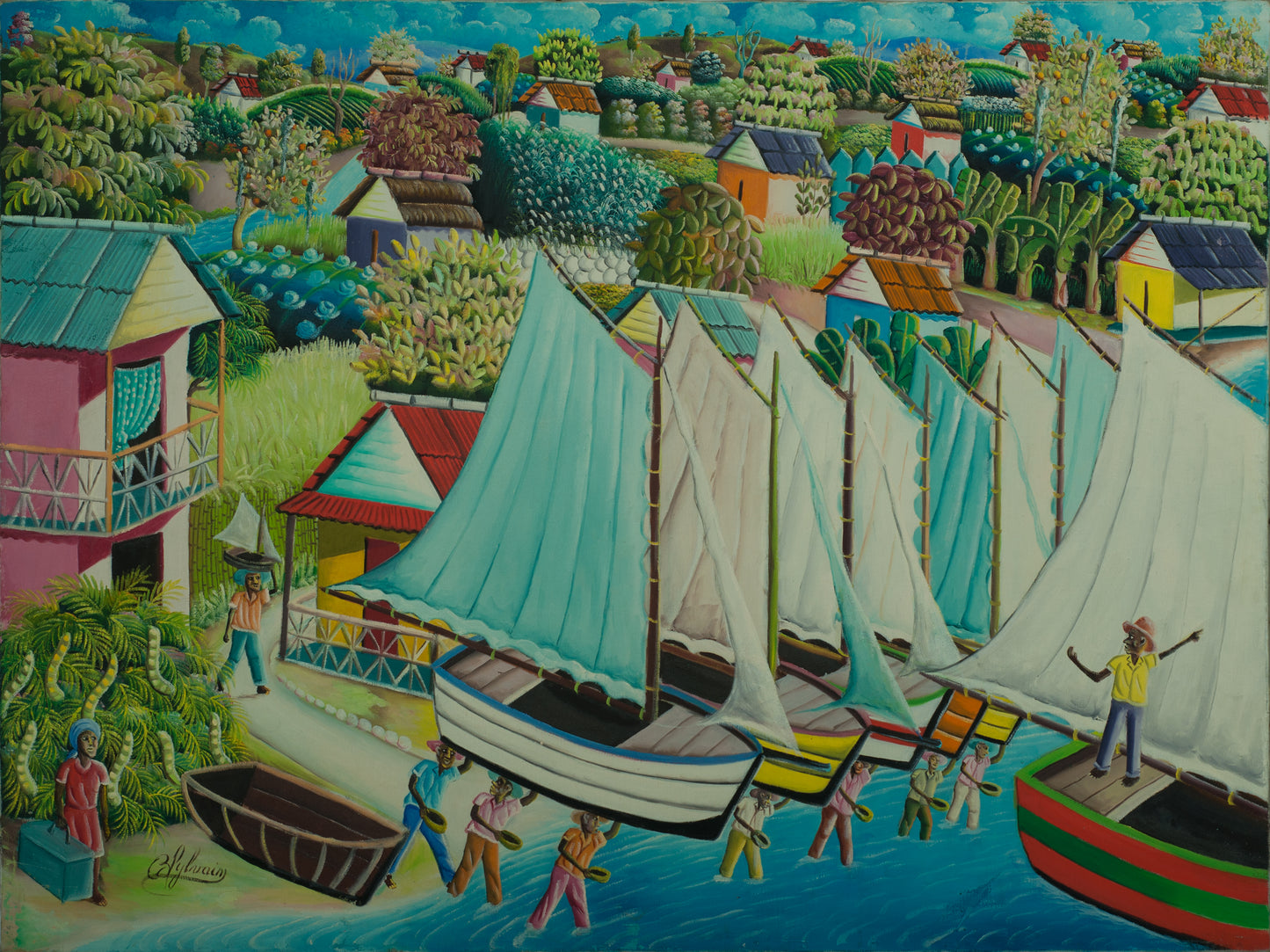 Bien-Aime Sylvain 30"x40" Village &amp; Port 1980 Huile sur toile Peinture #58-3-96GSN-Fondation Marie &amp; Georges S. Nader