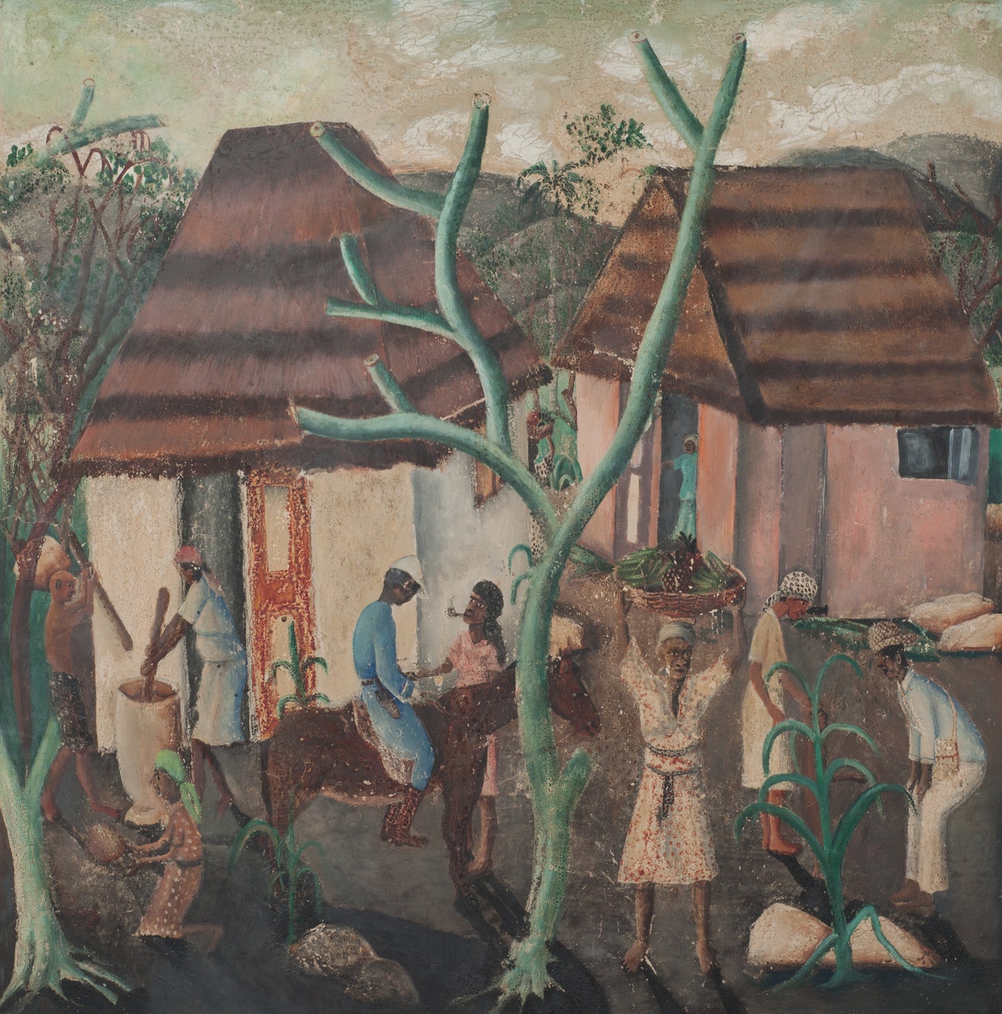 Wilson Bigaud (Haïtien, 1931-2010) 24,75"x 24,25" Scène rurale Huile sur carton Peinture non encadrée #1-3-54GSN-Fondation Marie &amp; Georges S. Nader