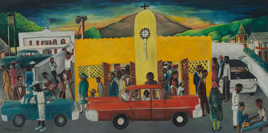 Wilson Bigaud (Haïtien, 1931-2010) 24"x48" L'Église Jaune c1972 Huile sur carton Peinture non encadrée #12-3-96GSN-Fondation Marie &amp; Georges S. Nader