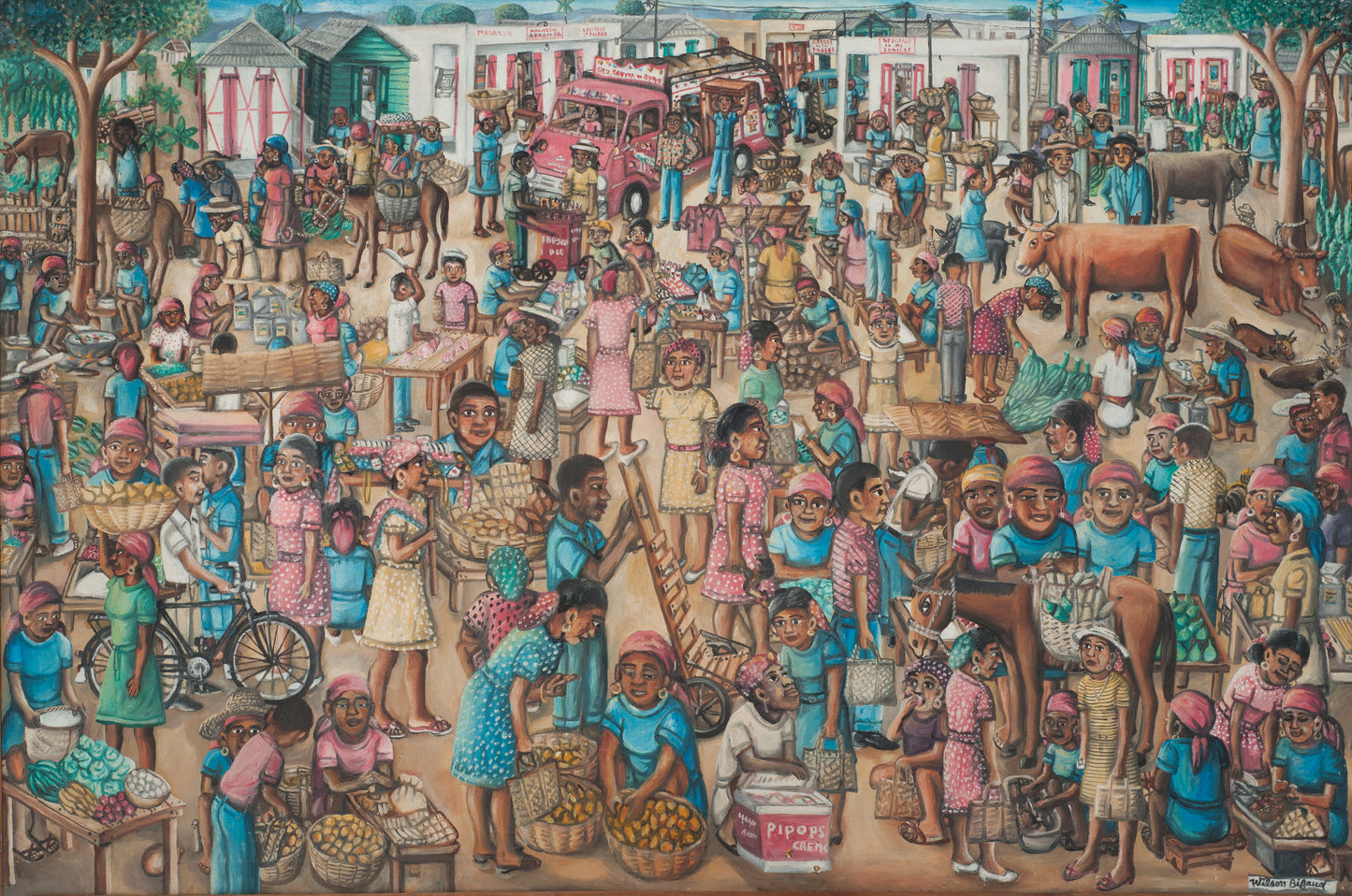 Wilson Bigaud (Haitian, 1931-2010) 40"x60" Busy Market c1980 Oil on Canvas Unframed Painting #6-3-96GSN-Fondation Marie & Georges S. Nader