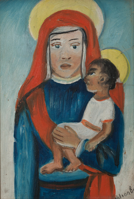 Wilson Bigaud (Haïtien, 1931-2010) 6"x4" La Vierge Marie et Jésus c1970 Huile sur carton Peinture non encadrée #17-1-93GSN-Fondation Marie &amp; Georges S. Nader