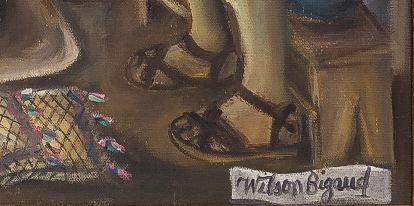 Wilson Bigaud (Haïtien, 1931-2010) 24"x27,25" Scène de village 1981 Huile sur toile Peinture encadrée #34SS