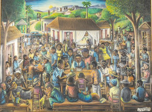 Wilson Bigaud (Haïtien, 1931-2010) 37,75"x47,75" Les Funérailles 1981 Huile sur toile Peinture encadrée #21SS