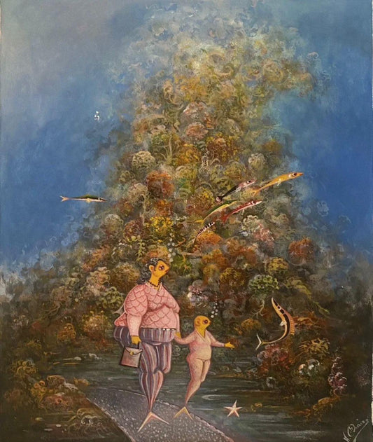 Andre Blaise 24"x20" Mère et enfant sous-marin 2019 Acrylique sur toile Peinture sans cadre #9JN-HA