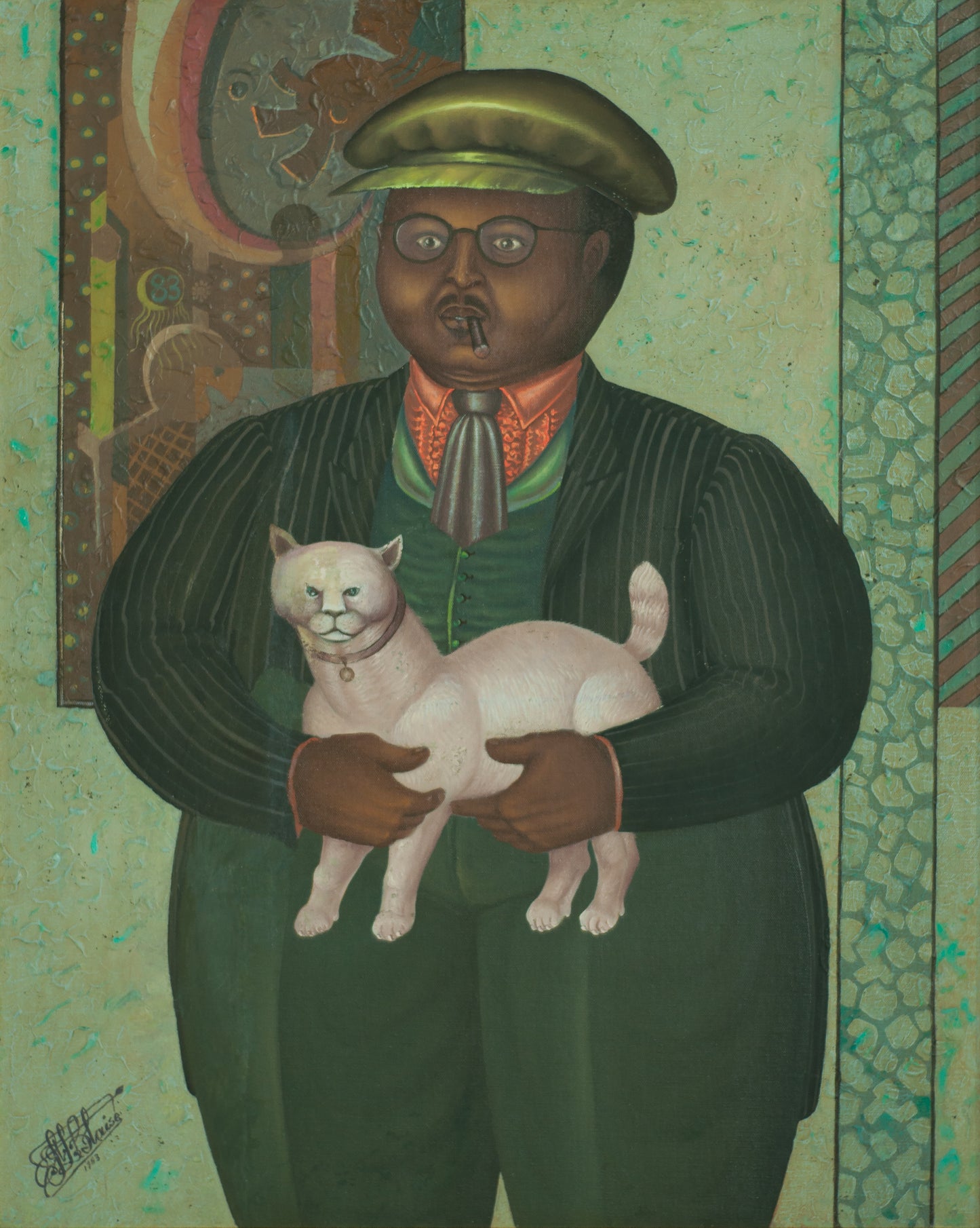 Saint-Louis Blaise (Haïtien, 1956-1993) 30"x24" Le Bourgeois et son chat 1983 Huile sur toile Peinture #2-3-96GSN-Fondation Marie &amp; Georges S. Nader