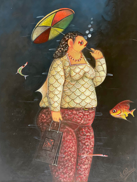 Andre Blaise 16"x12" The Lady-Fish With Colorful Umbrella Acrylic on Board Unframed Painting#5MFN