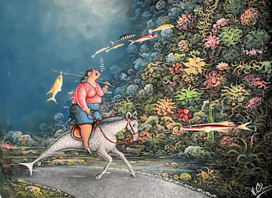 Andre Blaise 12"x16" Poisson sur un cheval Acrylique sur toile Peinture non encadrée #6MFN