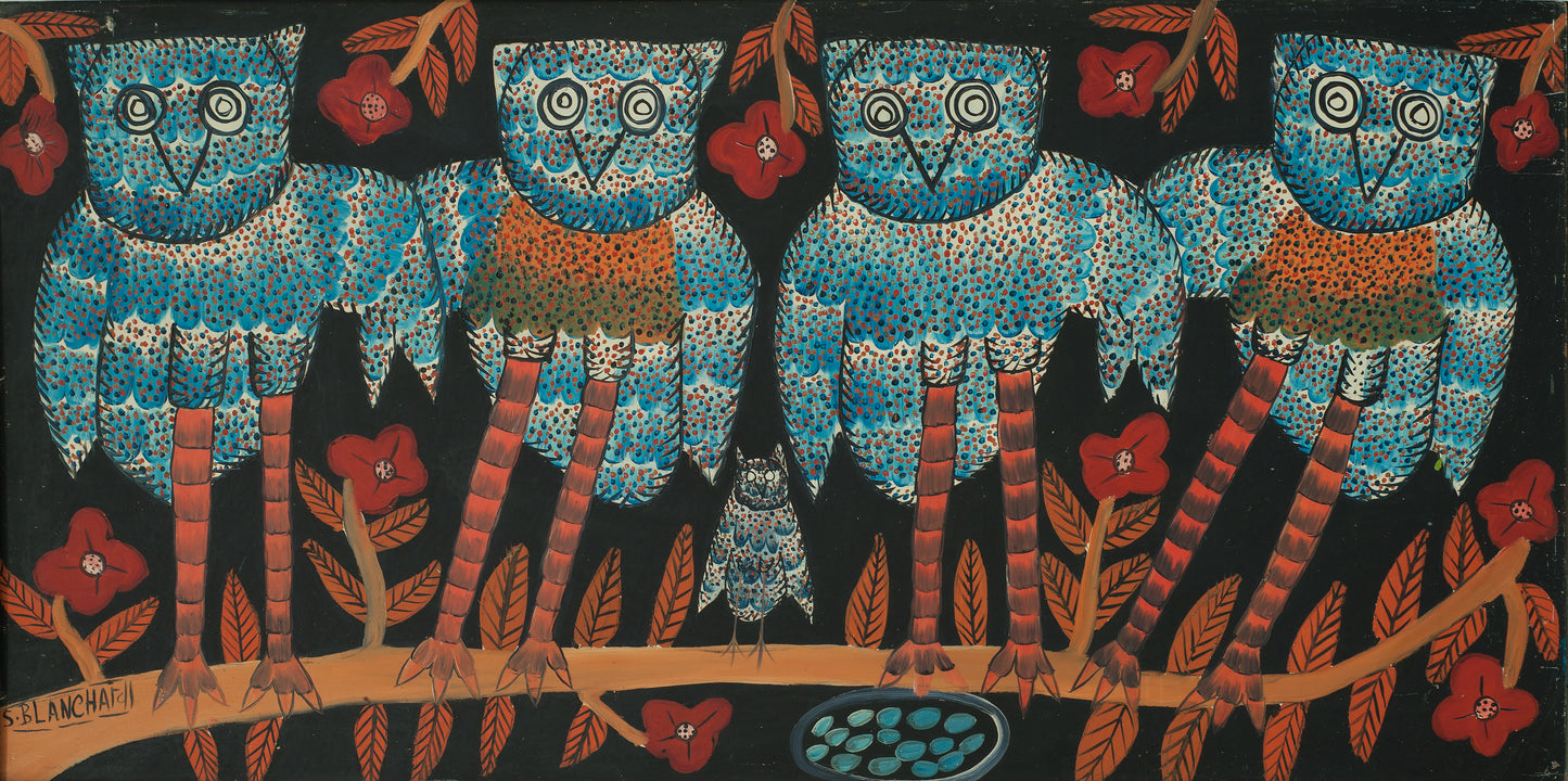 Sisson Blanchard ( 1926-1981) 24"x48" Four Owls 1972 Oil on Board #8-3-96GSN-Fondation Marie & Georges S. Nader