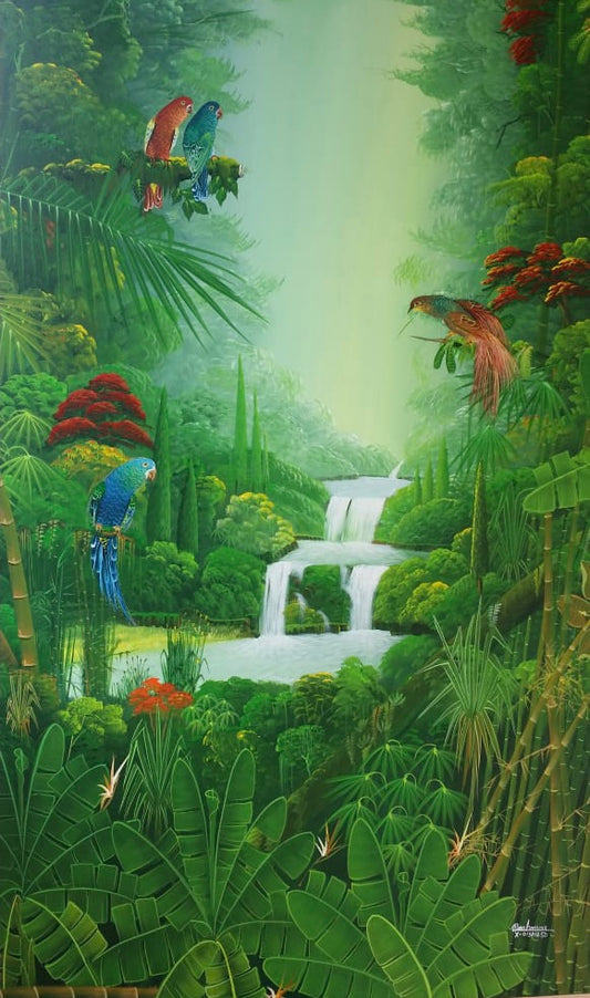 Albott Bonhomme 60"x40 » Paradis avec oiseaux - Bordures peintes de 2" 2023 Acrylique sur toile Peinture #40MFN
