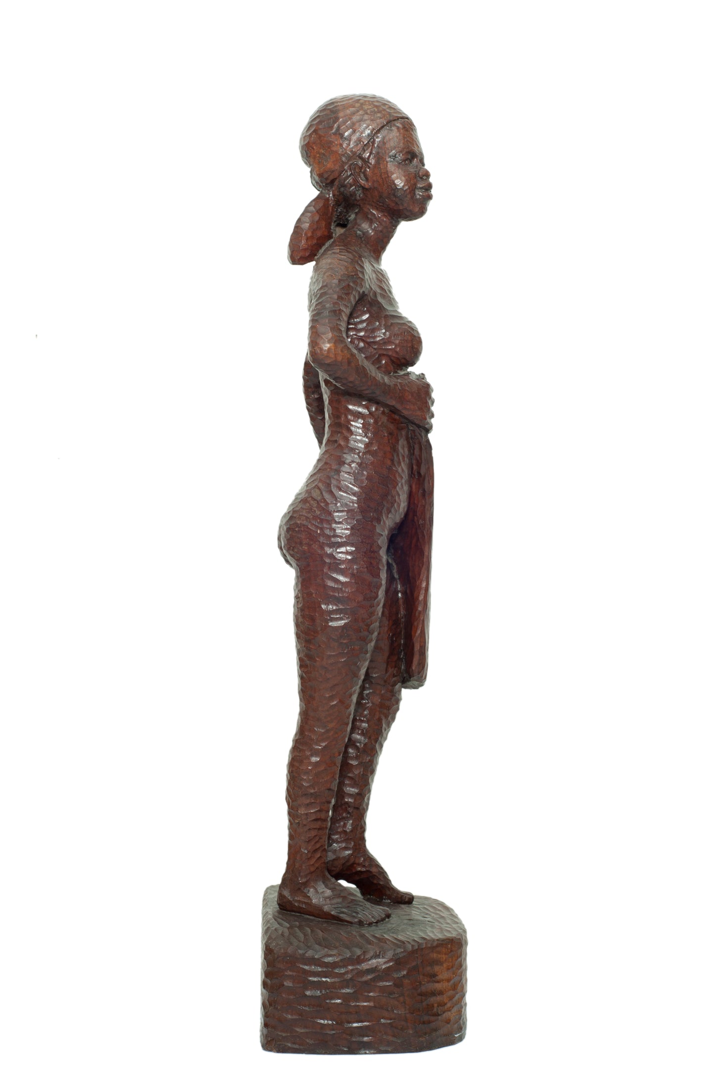 Ludovic Booz (1940-2015) 33"x7"x6'' Woman & Bag Hand-Carved in Mahogany Wood Sculpture #8-3-11GSN- Fondation Marie & Georges S. Nader