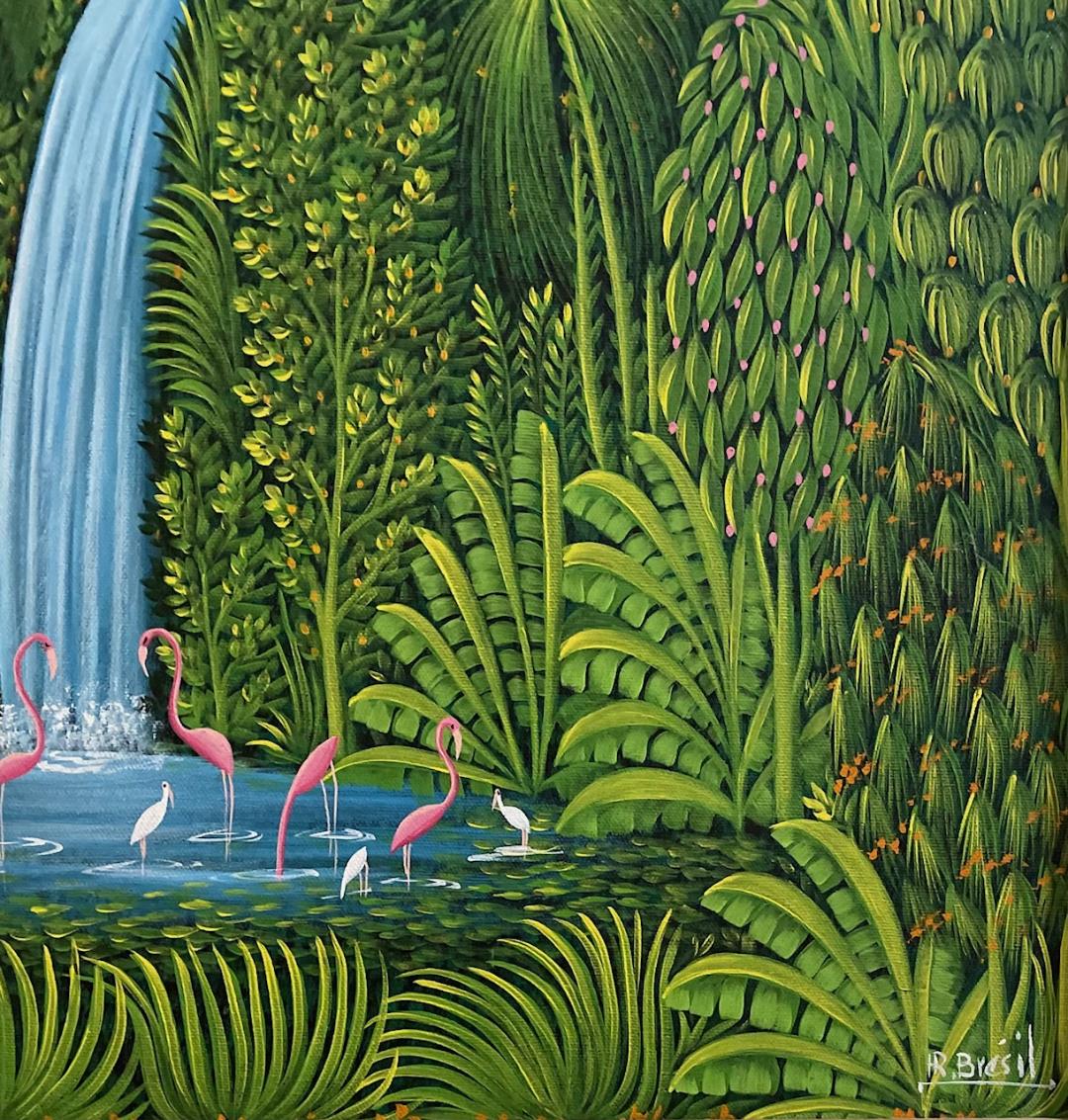 Henri-Robert Bresil 20"x24" Vegetación verde con flamencos, pájaros, ibis y cascada Óleo sobre lienzo #2MFN