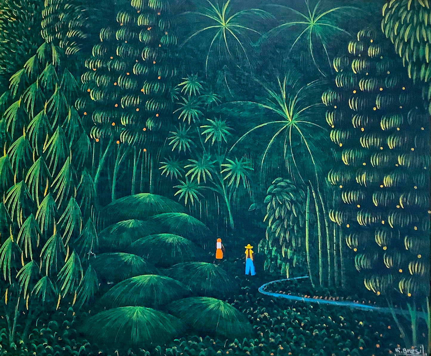 Henri-Robert Bresil (Haïtien, 1952-1999) 20"x24" Forêt verte avec des gens et une rivière 1981 Peinture à l'huile sur toile encadrée #1AM
