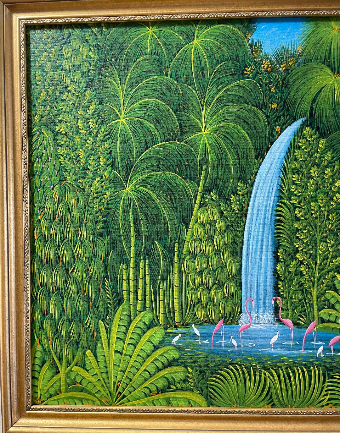 Henri-Robert Bresil 20"x24" Végétation verdoyante avec flamants roses, oiseaux, ibis et cascade huile sur toile #2MFN