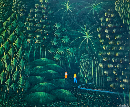 Henri-Robert Bresil (Haitian, 1952-1999) 20"x24" Green forest With people & River 1981 Oil on Canvas Painting Framed #1AM