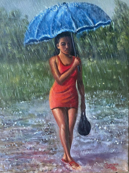 Cabrini Demesmin oil on canvas 16x12 inches showing woman in red dress holding blue umbrella walking in rain with reflective wet ground, signed.