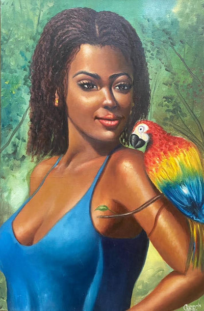 Scarlet Companion original acrylic painting by Cabrini Demesmin featuring a woman with a scarlet macaw and tropical greenery