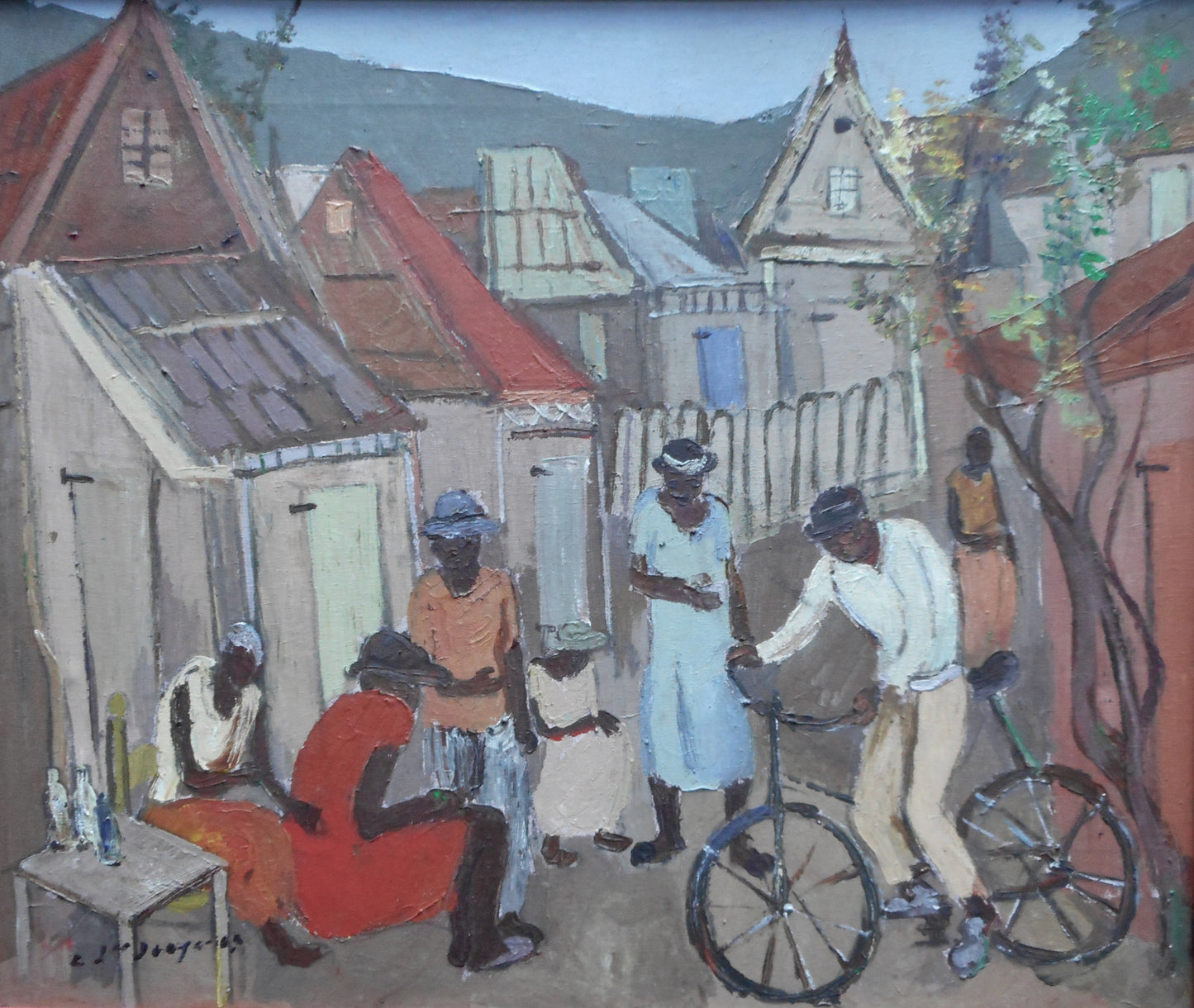 Carlo Jean-Jacques Haitian village scene painting with figures, bicycle and traditional houses, acrylic on canvas
