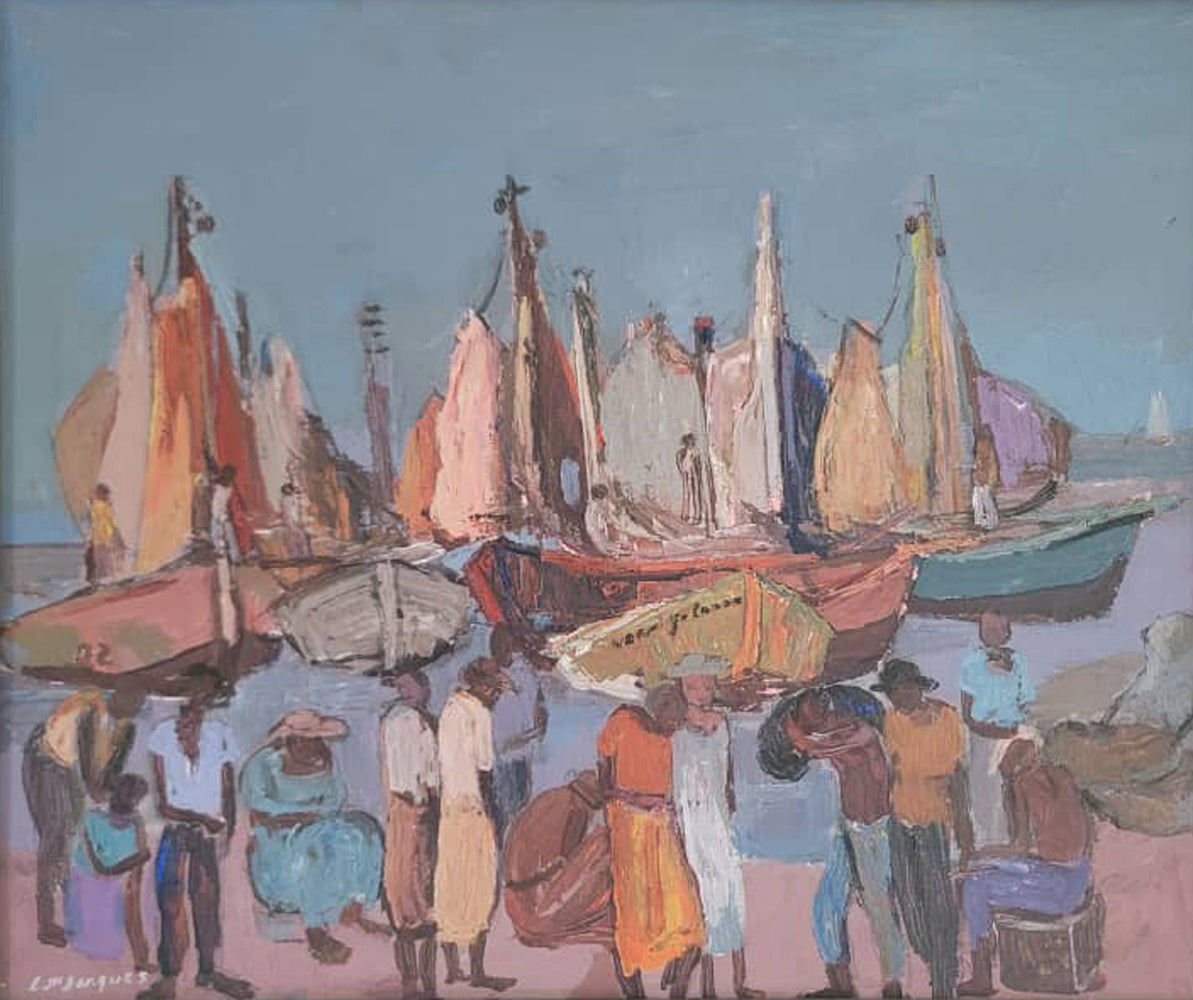Carlo Jean-Jacques Haitian marine seascape painting with colorful fishing boats and Caribbean waters 