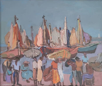 Carlo Jean-Jacques Haitian marine seascape painting with colorful fishing boats and Caribbean waters 