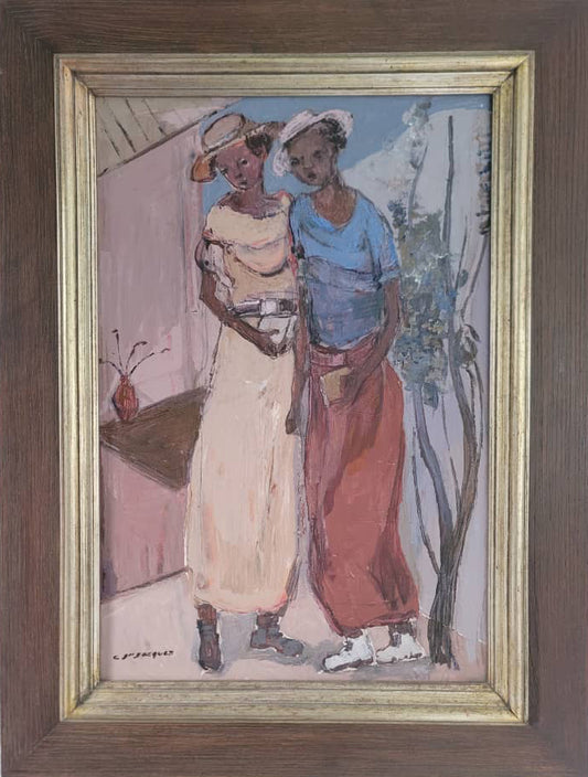 Carlo Jn-Jacques (1943-1990) 24"x16" Deux femmes acrylique sur toile peinture encadrée #1MA