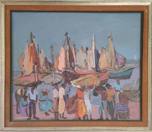Carlo Jn-Jacques (1943-1990) 20"x24" Acrylique marin sur toile Peinture encadrée #1MA