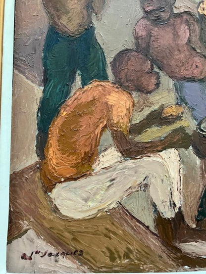 Carlo Jn-Jacques (1943-1990) 24"x24" Family Gathering c1980 Acrylic on Canvas Painting ##1IB